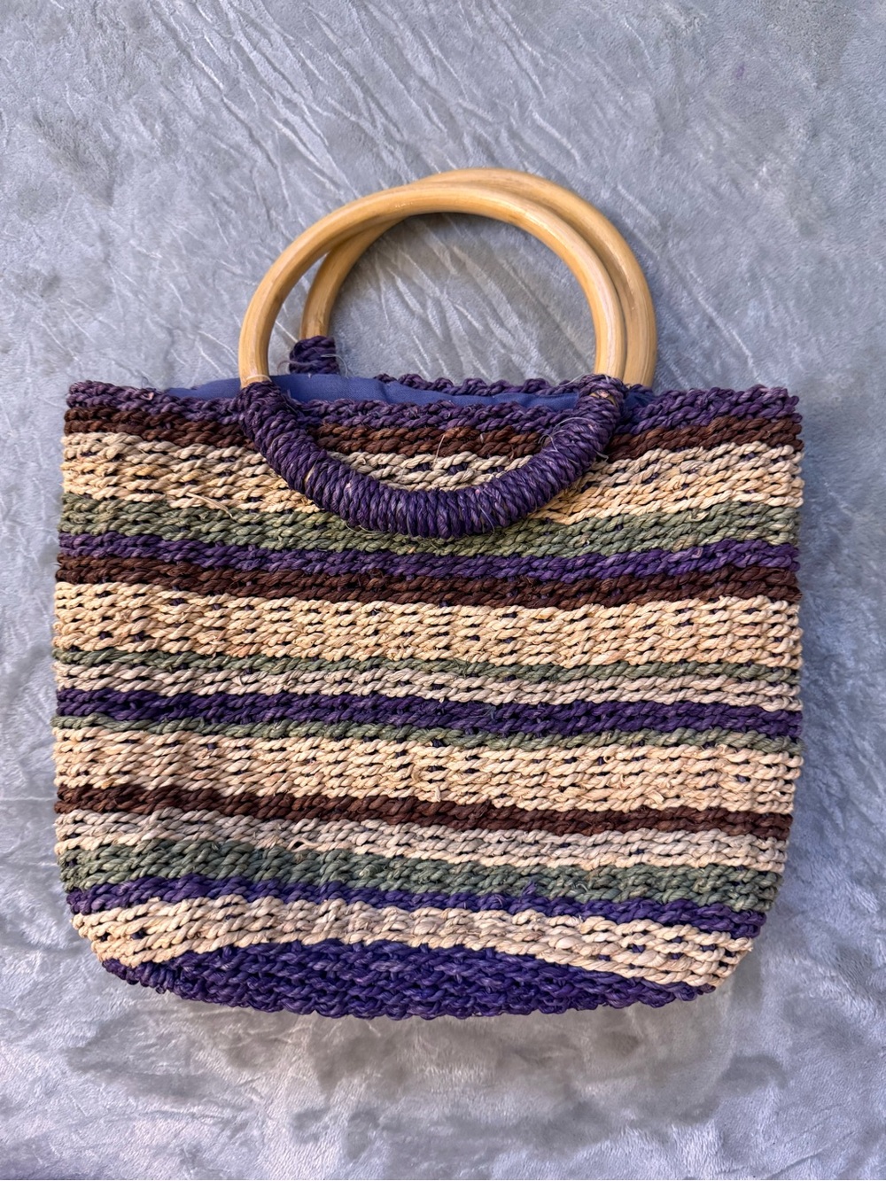 Faded Glory Woven Straw Tote Bag with Purple Trim and Wooden Handles